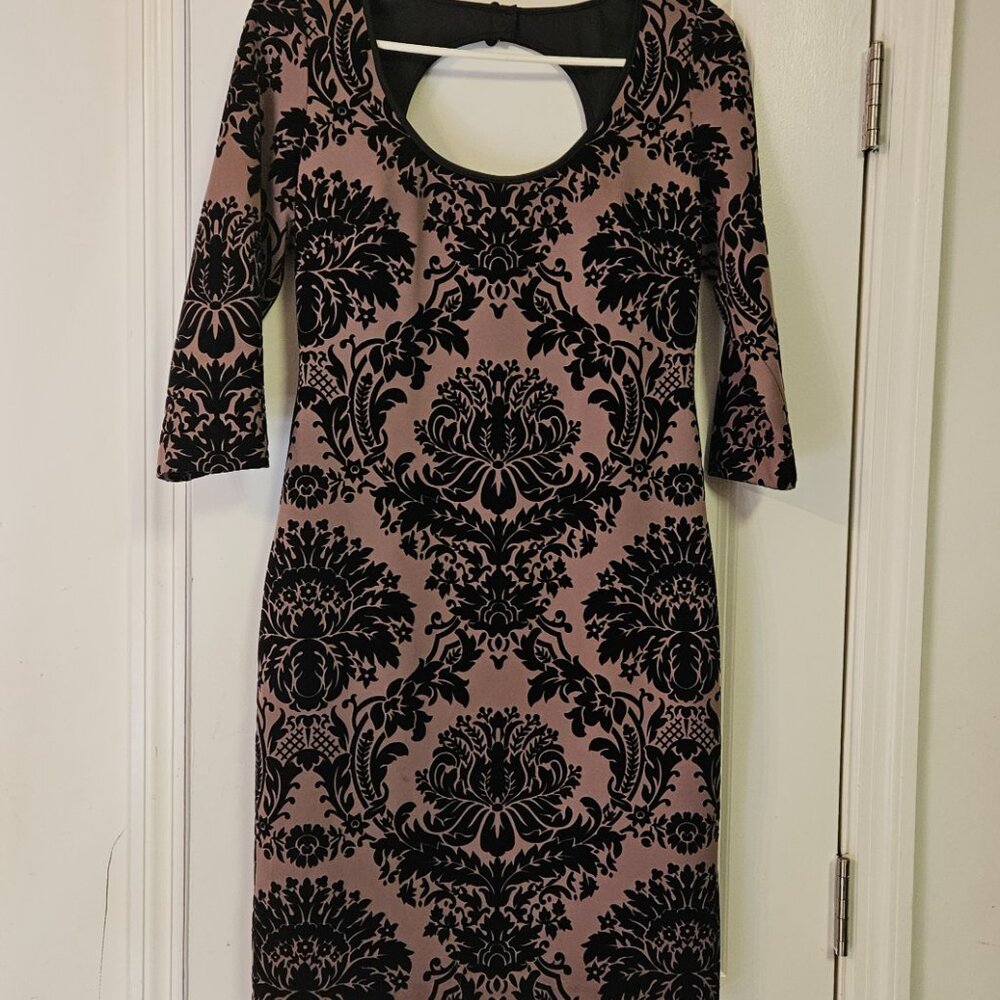Elegant Baroque-Print Taupe Black Velvet Cutout Dress | Aidan Mattox